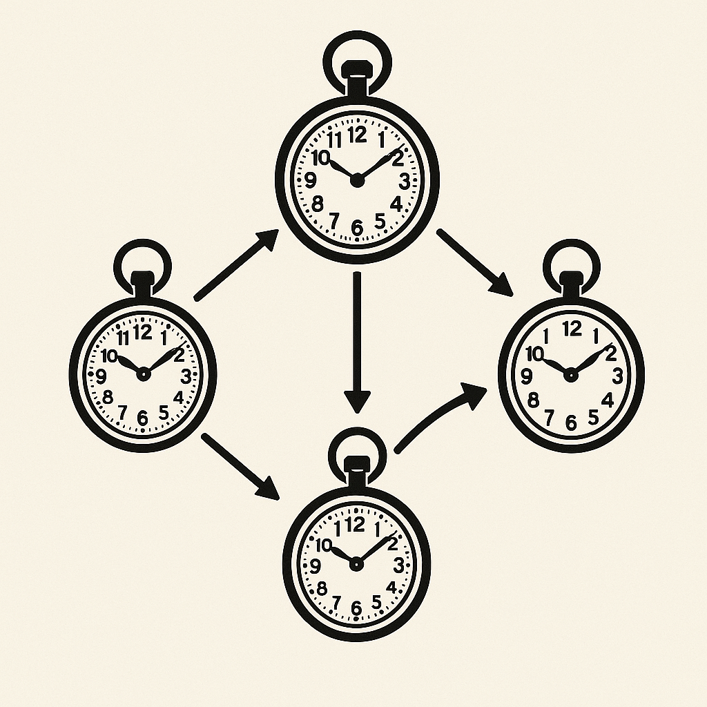 Four pocket watches in a diamond formation, connected by arrows, wherein the flow is from left to right
