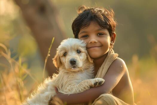 A smiling boy hugs a puppy