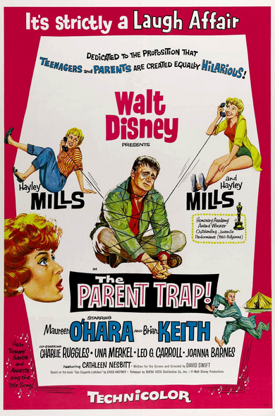 The poster for The Parent Trap (1961) showing befuddled and inept father lassoed by his two daughters.